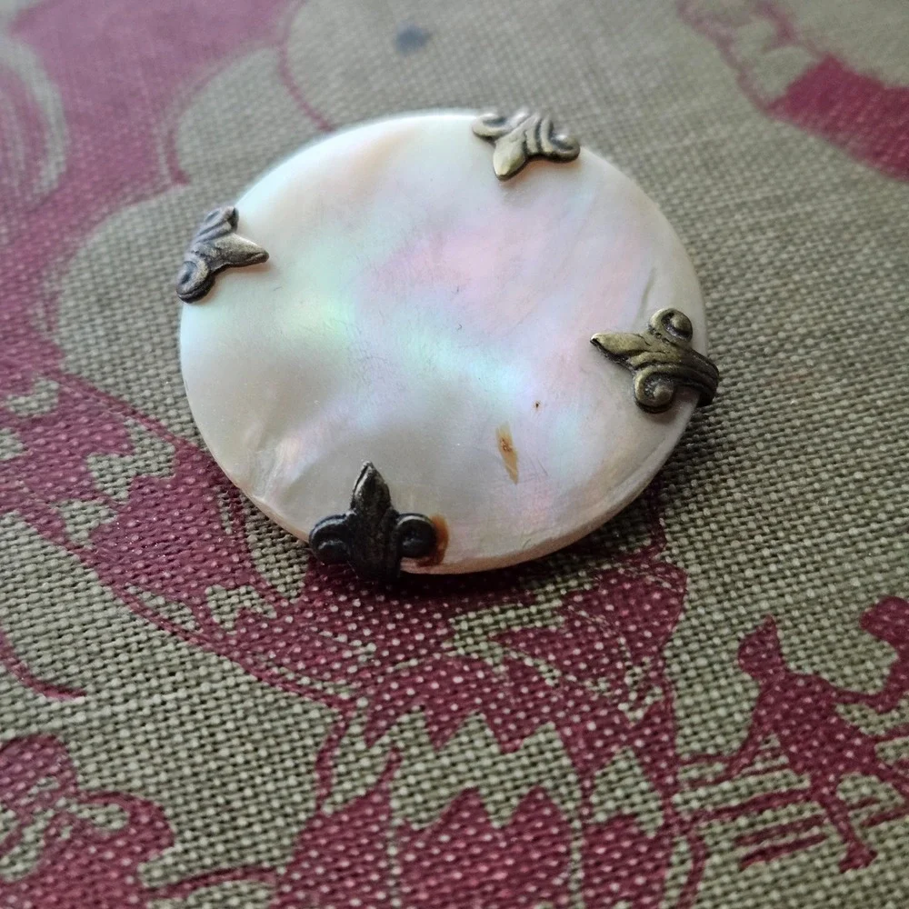 Antique Victorian Mother of Pearl Fleur De Lis Brooch Brass Circle Round Pin